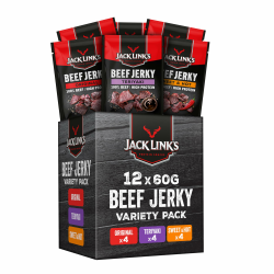 Jack Links Beef Jerky Geschenke Box - 12er Pack (12 x 60g) - Hochwertiger Fleisch Snack Geschenke für Männer - Vater, Papa, Mann Geschenk oder als Geschenkkorb, Präsentkorb, Geburtstag - High Protein Mischkarton 60 g (12er Pack) Angebot bei HelloDeals