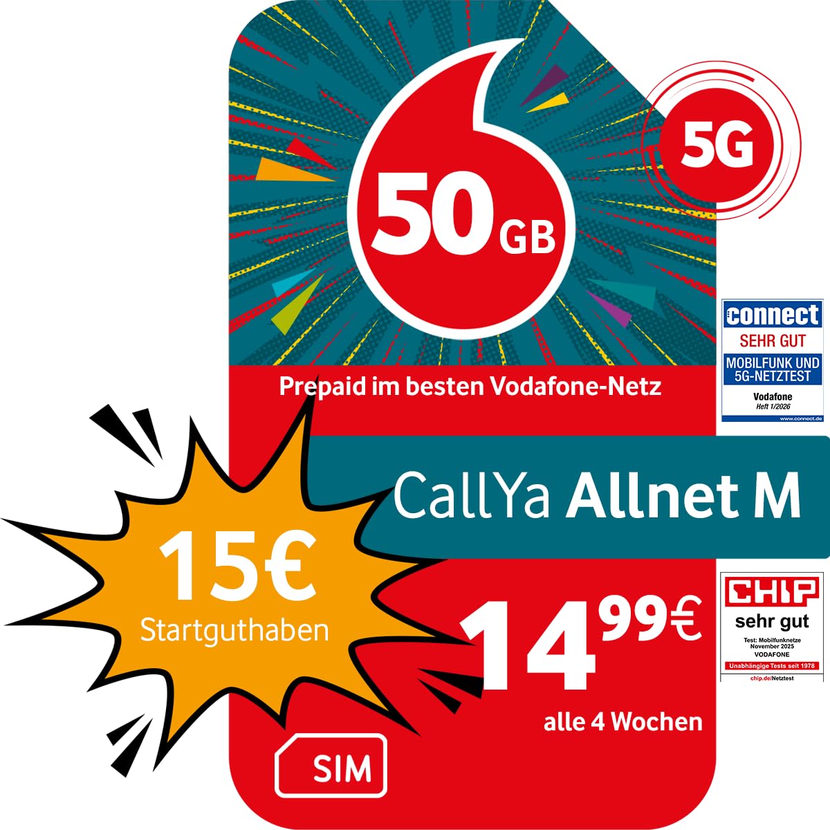 Vodafone Prepaid CallYa M | 50 GB | 15 EUR Startguthaben | ohne Vertrag | 5G-Netz | Telefon- SMS-Flat | EU-Roaming 1 Monat Angebot bei HelloDeals