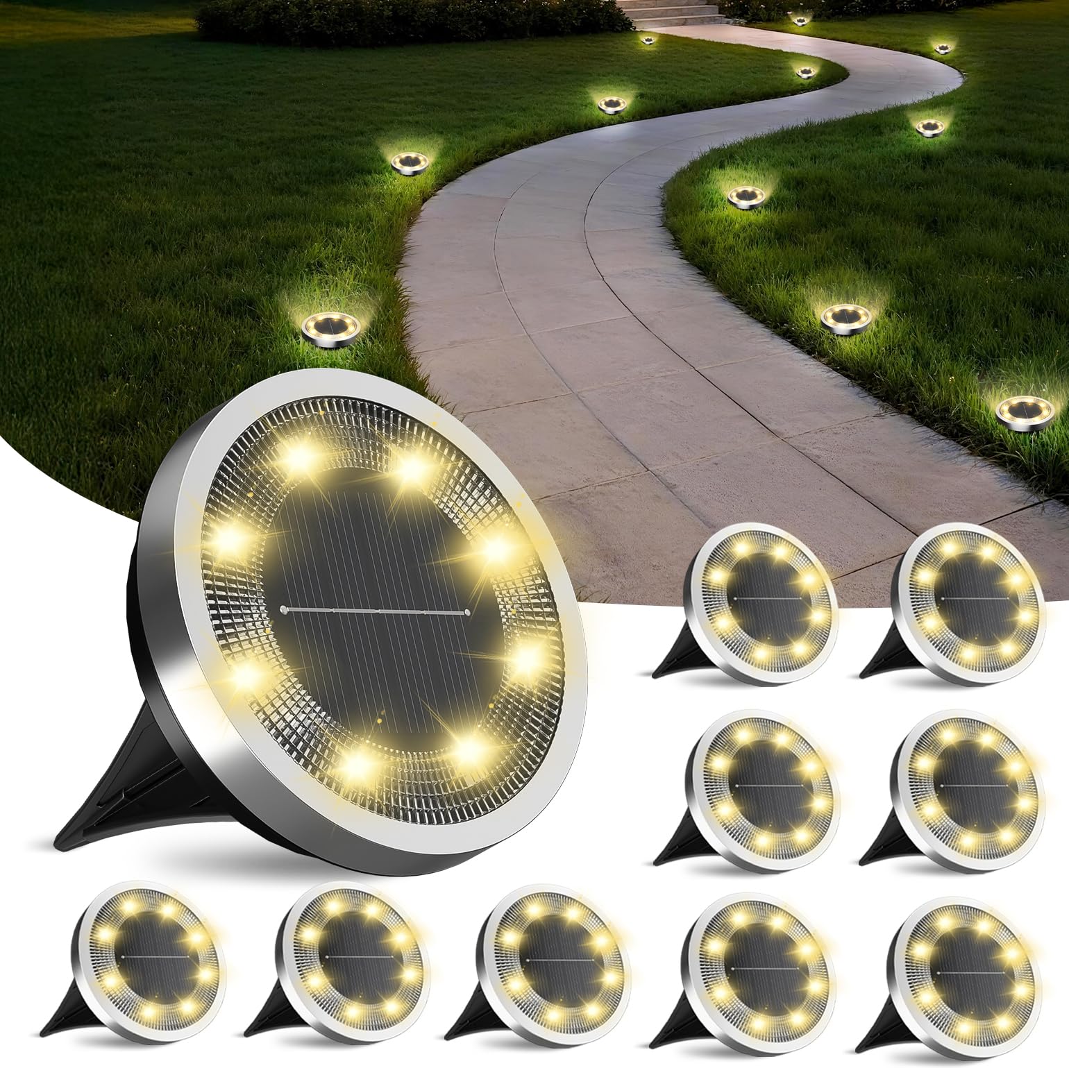 FLOWood 10 Stück Solar Bodenleuchten Aussen, Warmweiß Solarleuchten für Garten Außen mit 8 LEDs, Wasserdicht Led Solar Gartenleuchten, Solarlampen für Außen Garten Rasen Gehweg Patio Warmweiss Warmweiß 10 Stück Angebot bei HelloDeals