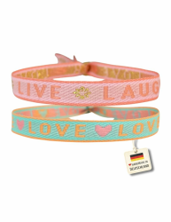 happymaker - Boho Schmuck Damen, Stoffarmband im Surfer Style für Frauen, wasserfest und handmade 2er Set: Live Laugh & Love Set Angebot bei HelloDeals