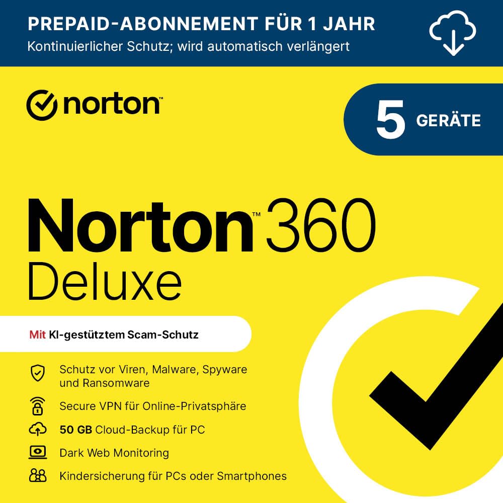 Norton 360 Deluxe 2026 | 5 Geräte | 1-Jahres Abonnement mit automatischer Verlängerung | Aktivierungscode per Email per Email (Aktivierungscode) 5 Geräte 1 Jahr Automatische Verlängerung Angebot bei HelloDeals