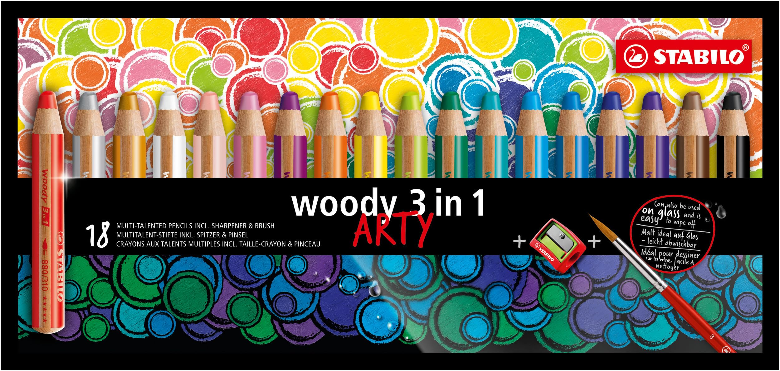 STABILO - Buntstift, Wasserfarbe & Wachsmalkreide - woody 3 in 1 - ARTY - 18er Pack mit Spitzer und Pinsel Angebot bei HelloDeals