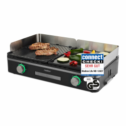 MEDION Tischgrill elektrisch mit Dual-Zonen-System (2400 Watt Elektrogrill, 2 abnehmbare Platten, individuelle Temperaturregelung, LED-Statusanzeige, IPX4-Schutz, MD12027) Angebot bei HelloDeals