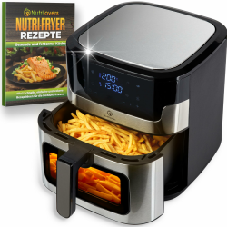 Nutrilovers Heißluftfritteuse NUTRI-FRYER EDELSTAHL XXL 8L, 2000W, Airfryer Edelstahl mit LED Touch Display, Double Heating Technologie, Sichtfenster, fettarme Pommes Fritteuse ohne Öl inkl. Rezepte XXL (8L) Schwarz-silber Angebot bei HelloDeals
