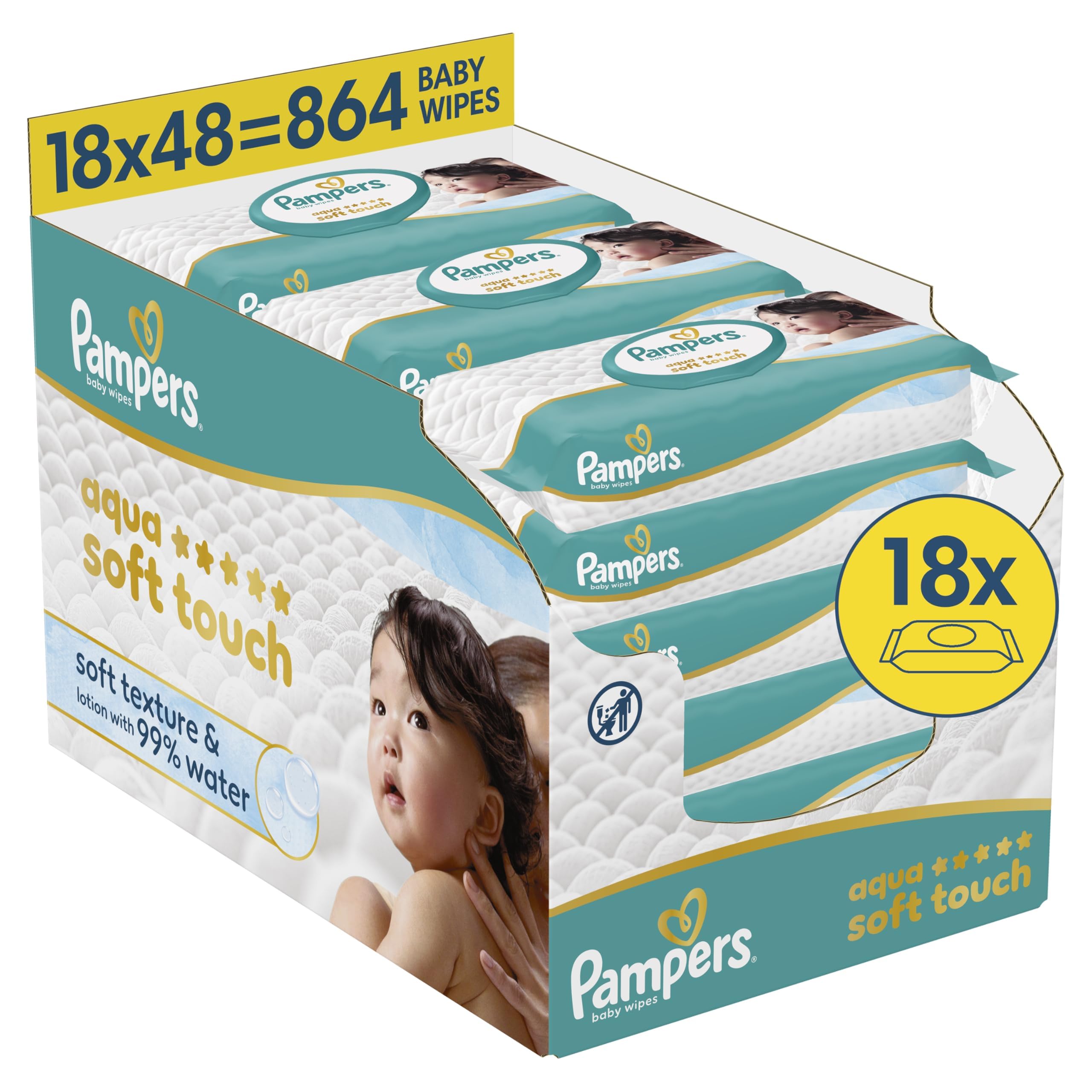 Pampers Aqua Soft Touch Baby-Feuchttücher, 18 Packungen mit 48 Feuchttüchern = 864 Baby-Feuchttücher, weiche Textur & Lotion mit 99% Wasser 864 stück (1er Pack) Angebot bei HelloDeals