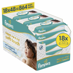 Pampers Aqua Soft Touch Baby-Feuchttücher, 18 Packungen mit 48 Feuchttüchern = 864 Baby-Feuchttücher, weiche Textur & Lotion mit 99% Wasser 864 stück (1er Pack) Angebot bei HelloDeals