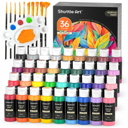 Shuttle Art Acrylfarben Set, 36 Acryl farben in Flaschen (je 60ml) mit 12 Pinselset & 1 Palette, ungiftig, Acrylfarbe wasserfest für Künstler, Anfänger, Erwachsene auf Leinwand, Steine, Holz geeignet Gold Angebot bei HelloDeals