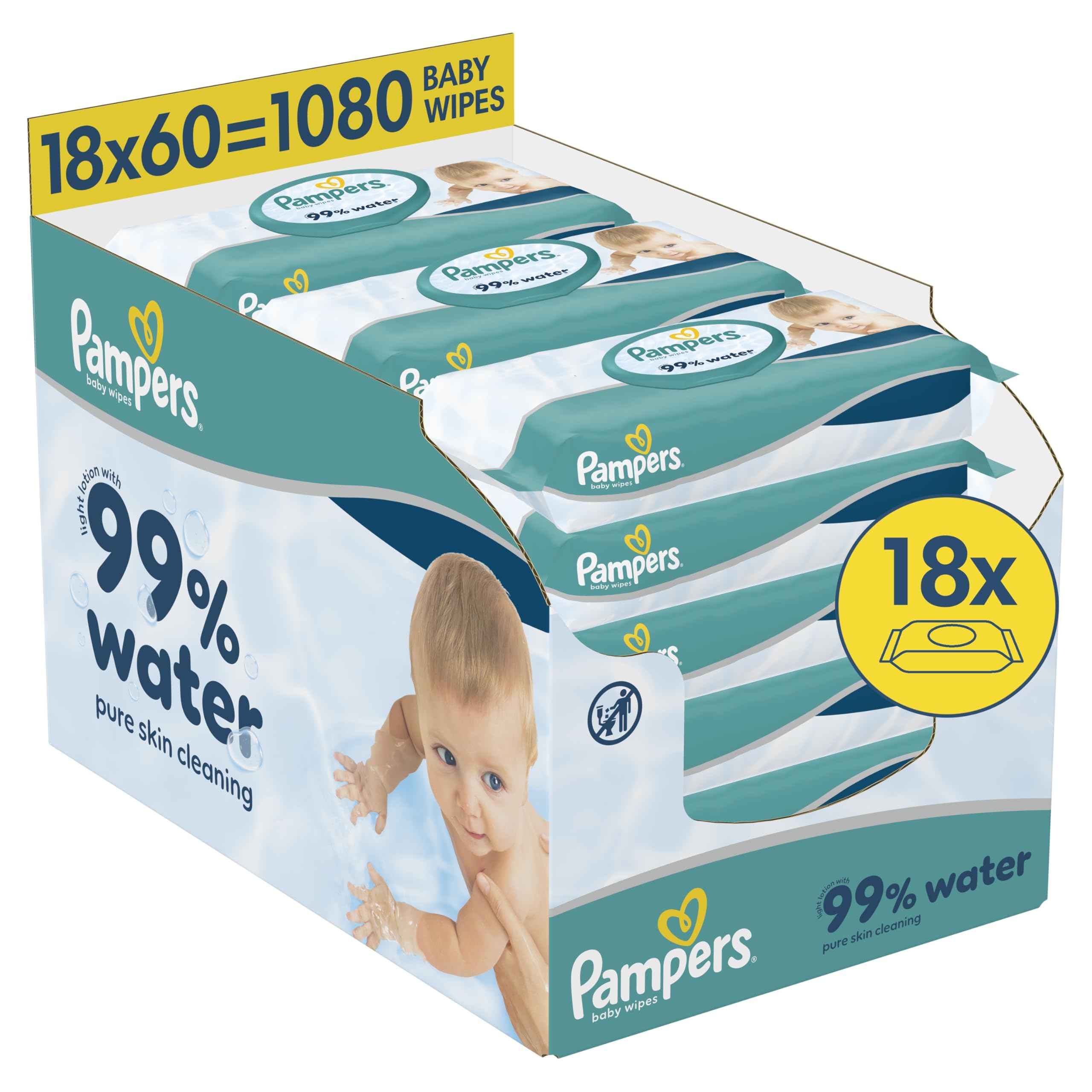 Pampers 99% Water Baby-Feuchttücher, 18 Packungen mit 60 Feuchttüchern = 1080 Baby-Feuchttücher, leichte Lotion mit 99% Wasser 1080 stück (1er Pack) Angebot bei HelloDeals