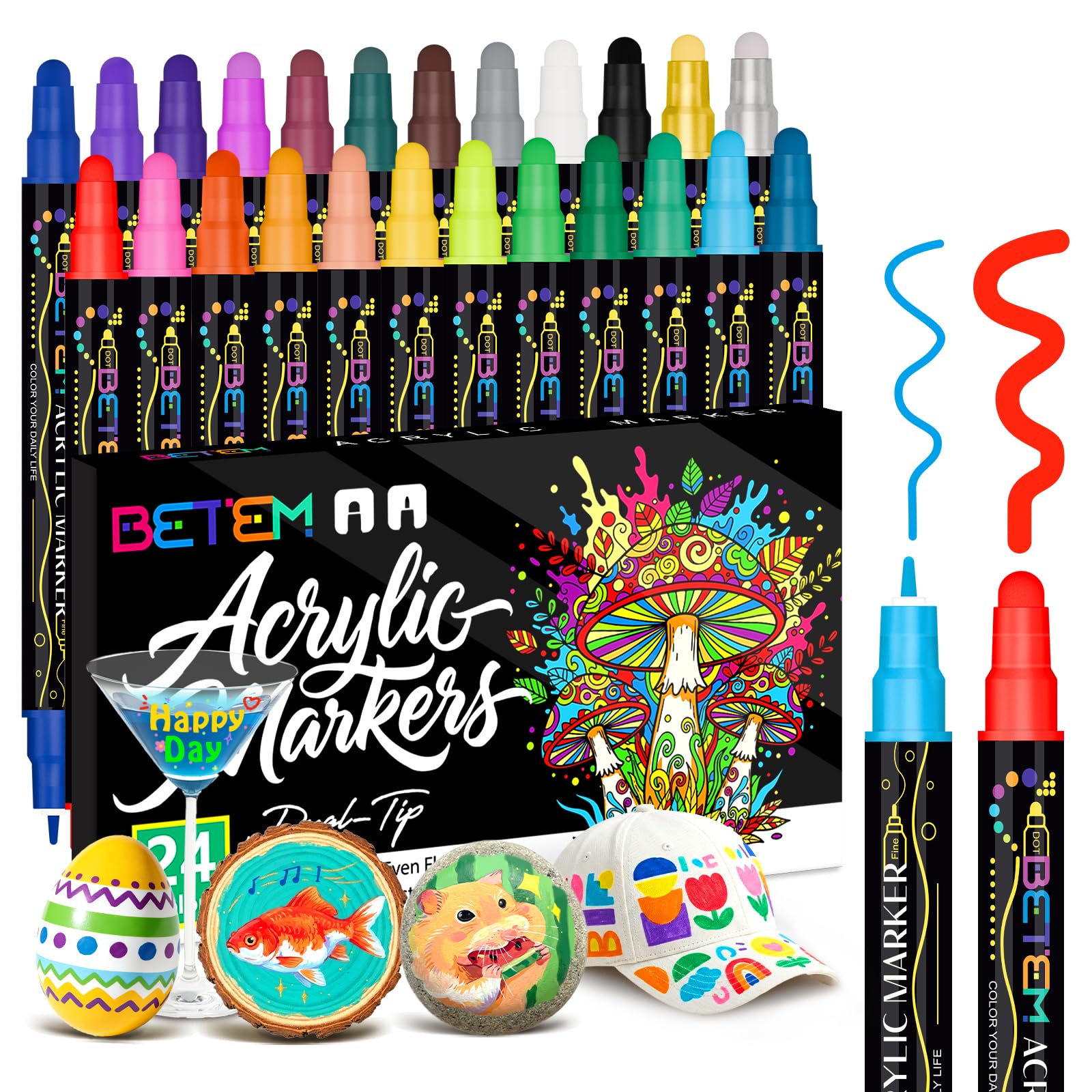 Betem 24 Farben Acrylstifte mit Doppelspitze, Hochwertige Acrylmarker für Stein, Holz, Leinwand, Felsmalerei, Glas, Keramik Wasserfest, Ostereier, Christmas Acrylstifte Set für Basteln Kunstbedarf 24 Farben Lackmarkierungen Angebot bei HelloDeals