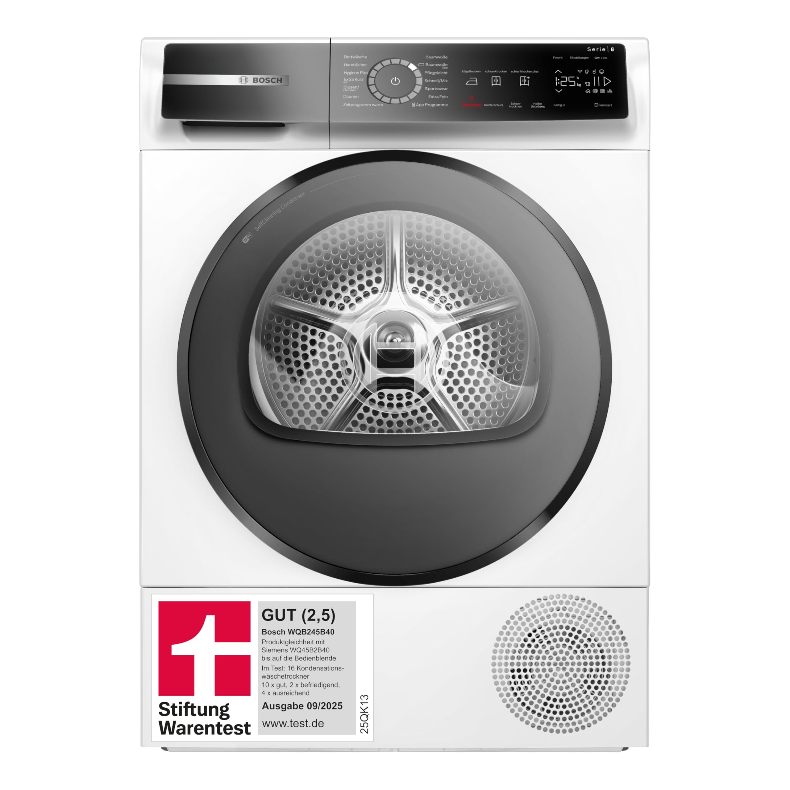 Bosch WQB245B40, Stiftung Warentest GUT (2,5)*, Serie 8 Smarter Wärmepumpentrockner 9 kg, AutoDry Sensorgesteuerte Trocknung, SmartDry Programmautomatik, LED-Display, Selbstreinigender Kondensator Serie 8 9 kg EEK C Angebot bei HelloDeals