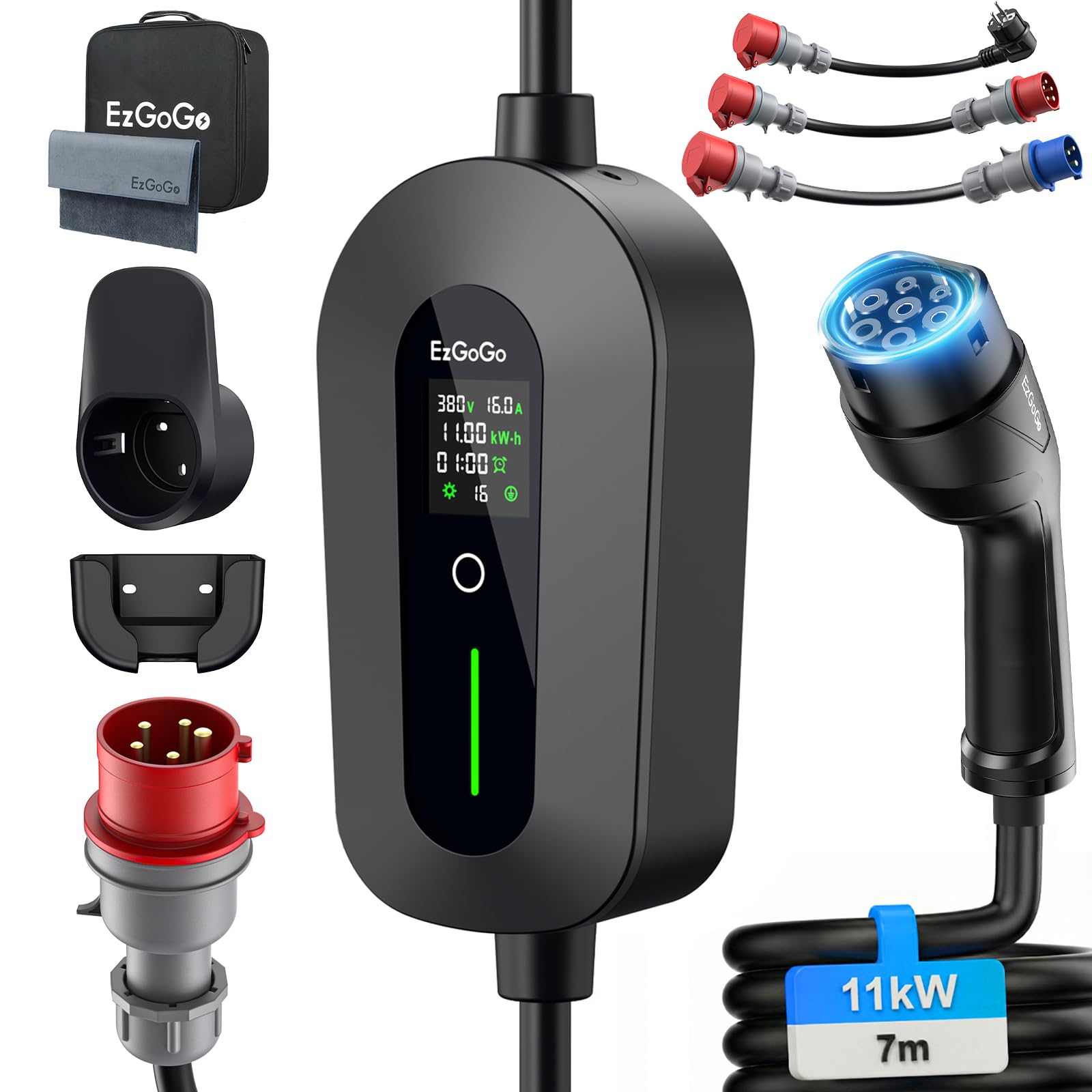 Mobile Wallbox 11kW Ladegerät Typ 2 (3-phasig) mit 7m Ladekabel CEE 16A auf Typ 2 inkl. Reise-Adapter-Set | EV Ladestation [6/8/10/13/16A] | Hochwertiger IP65 Schutz | Für EVs & PHEVs 7m Reise-Set Angebot bei HelloDeals