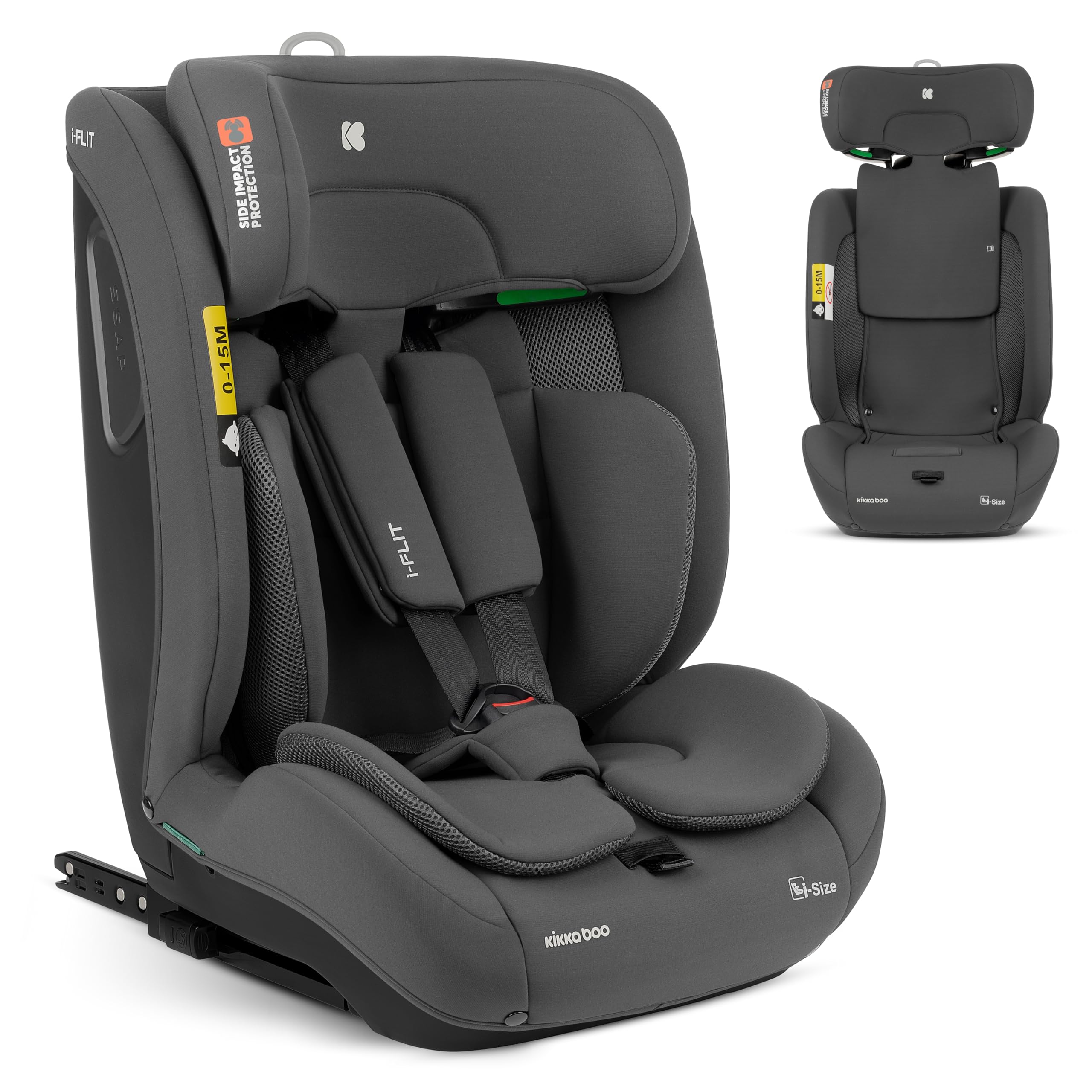 KikkaBoo i-Size i-­FLIT, Kindersitz 9-36 kg ISOFIX, Autokindersitz 76-150 cm, Gruppe 1/2/3, 15 Monate bis 12 Jahre, SPS Seitenschutz, Top Tether, Verstellbare Kopfstütze, Dunkelgrau Angebot bei HelloDeals