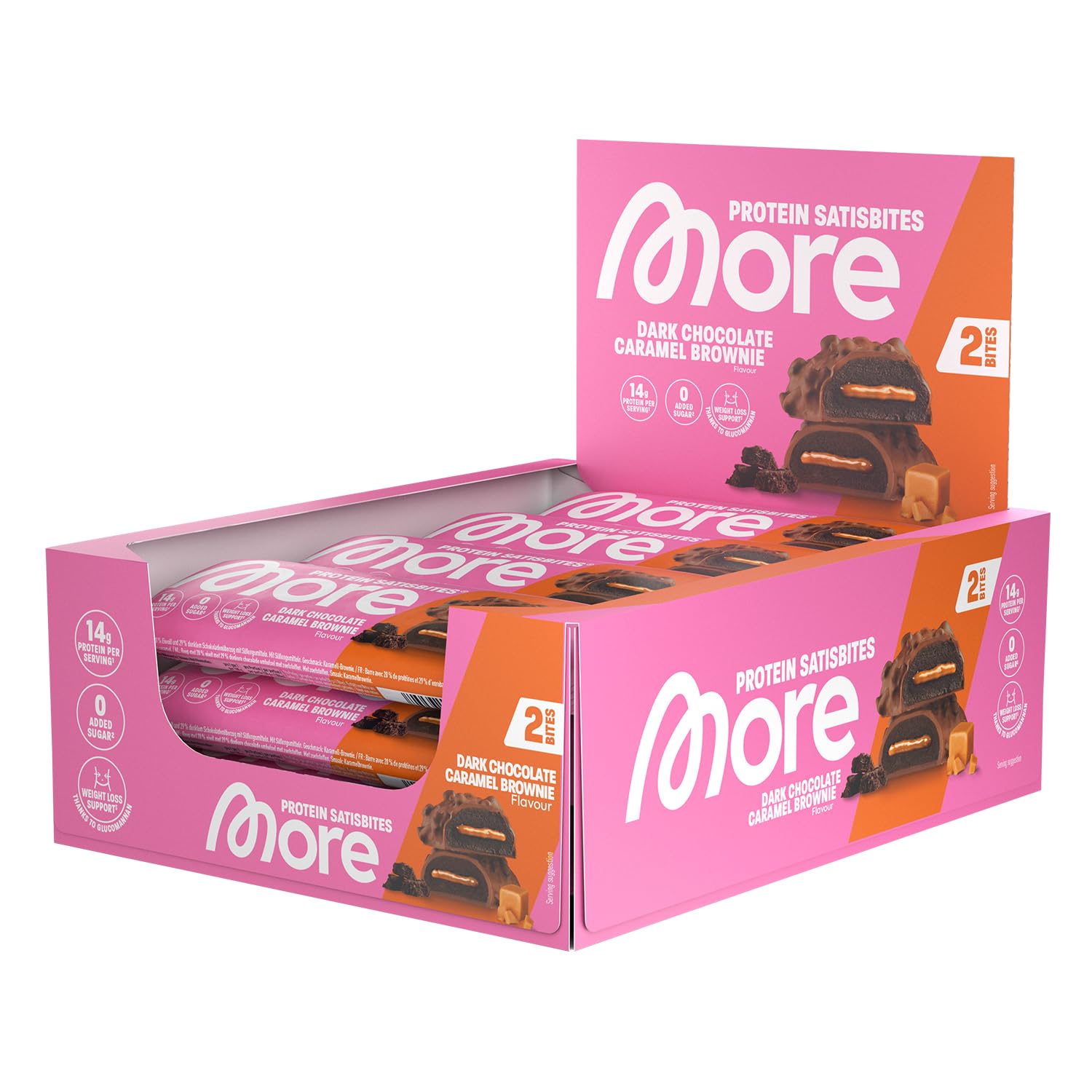 MORE Protein Satisbites, 12er Box Proteinriegel, 12 x 2 x 25 g, Dark Chocolate Caramel Brownie, bis zu 16 g Protein pro Portion, ohne Zuckerzusatz, made in Germany Angebot bei HelloDeals