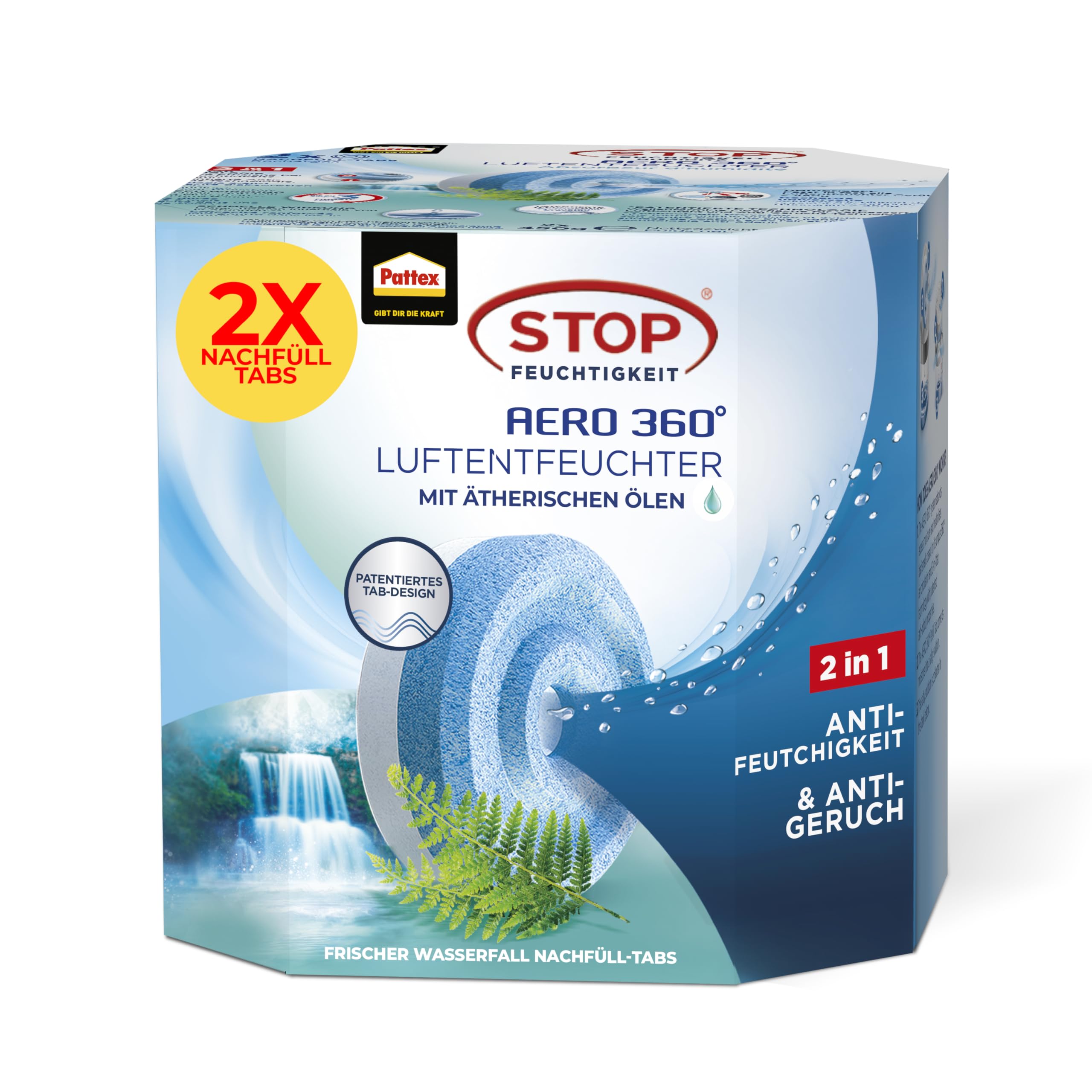 Pattex AERO 360° Frischer Wasserfall Tabs Nachfüllpack, reduzieren Feuchtigkeit und schlechte Gerüche, Nachfülltabs für den Luftentfeuchter AERO 360°, 2er-Pack (2x450g) Frischer Wasserfall 2 x 450g Nachfülltabs Angebot bei HelloDeals