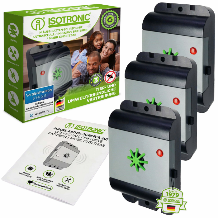 ISOTRONIC Ultraschall Mäuseabwehr zum Mäuse & Ratten vertreiben – Schädlingsvertreiber für Dachboden, Keller, Garage & Garten – Mäuseschreck ohne Gift & Mausefalle – 40m² Wirkungsbereich (3 Stück) Angebot bei HelloDeals
