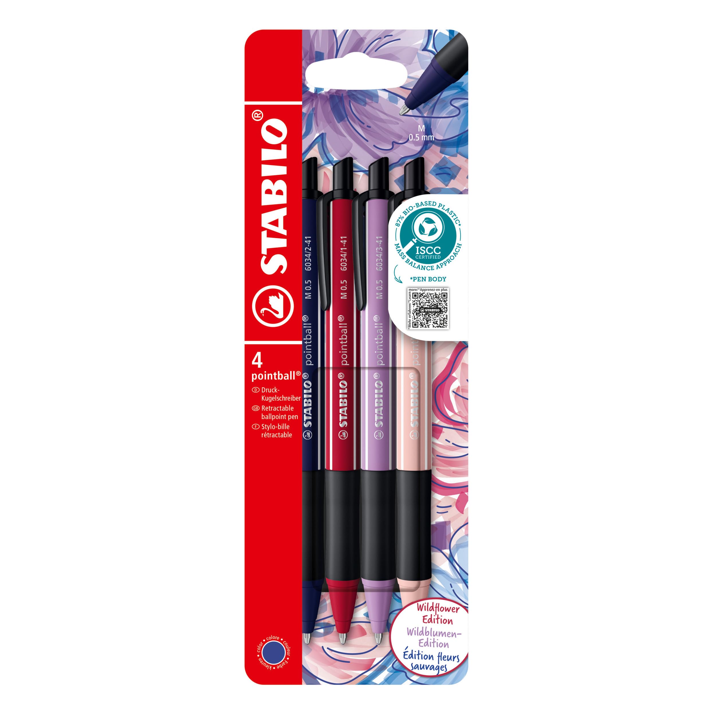 STABILO - Druck-Kugelschreiber - pointball NatureCOLORS Wildflower - 4er Pack - burgunderrot, preußischblau, grauviolett, rouge - Schreibfarbe blau blau 4er Blister Angebot bei HelloDeals