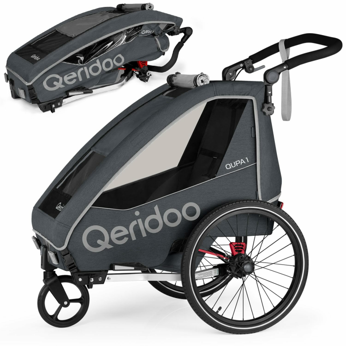Qeridoo QUPA 1 | Fahrradanhänger 1 Kind | Kinder Fahrradanhänger mit Blattfederung & Handparkbremse | Jogger Kinderwagen | Kinderfahrradanhänger | Kinderbuggy | Fahrrad Anhänger Kinder Grey Angebot bei HelloDeals