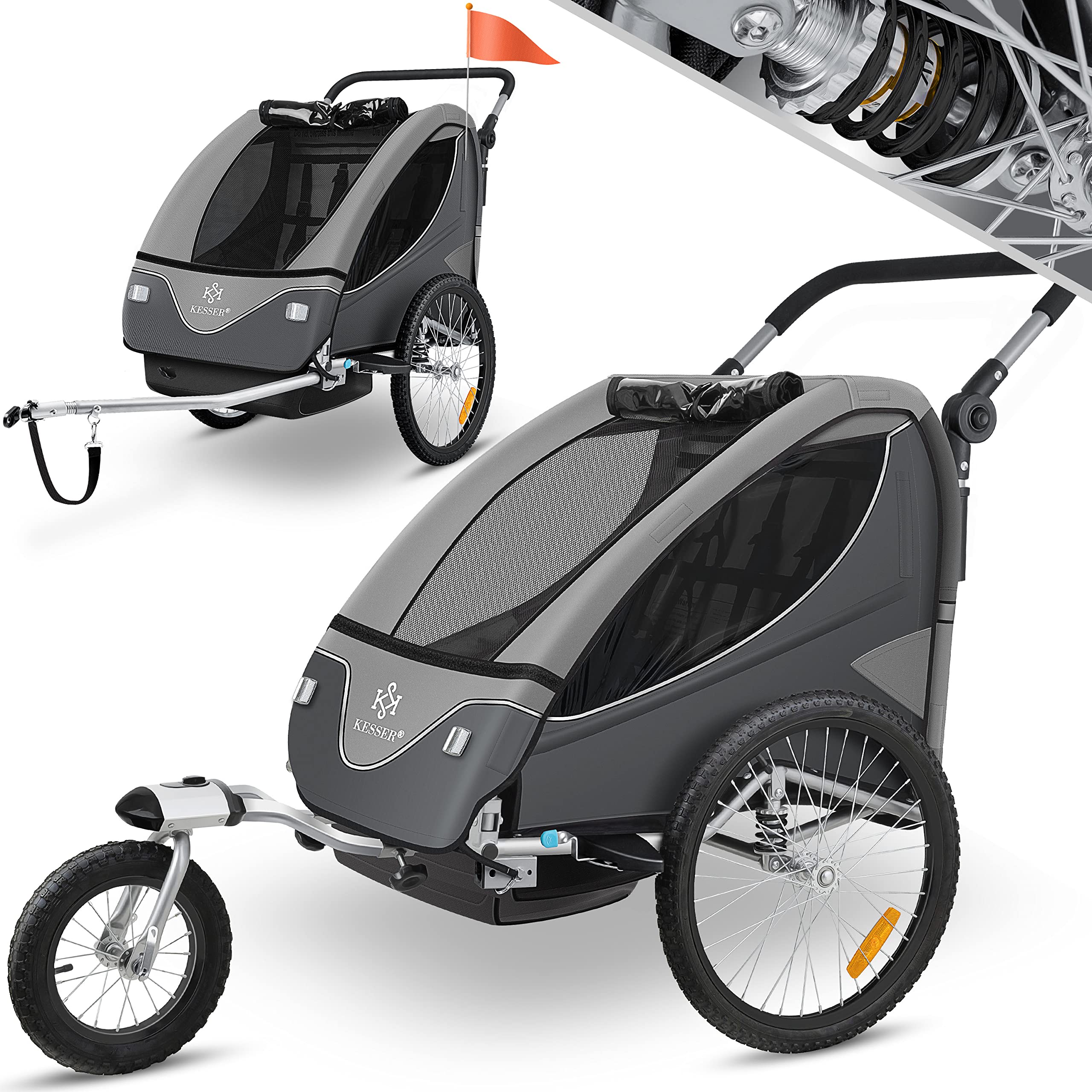 KESSER® Kinderanhänger Fahrradanhänger 360° Drehbar mit Federung 2in1 Joggerfunktion Kinderfahrradanhänger + 5-Punkt Gurt Jogger Fahrrad Anhänger für 1 bis 2 Kinder max. 40kg Inkl. Warnfahne Hellgrau Angebot bei HelloDeals