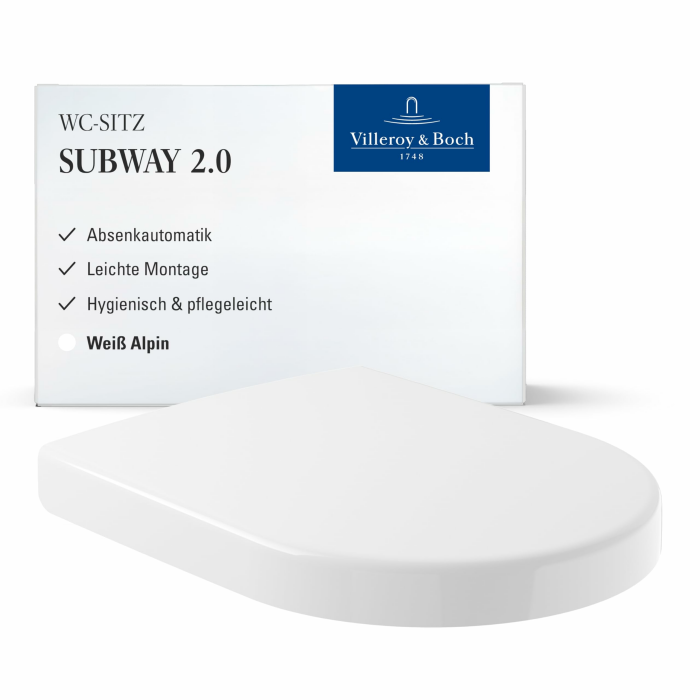 Villeroy & Boch WC-Sitz Subway 2.0 - Toilettendeckel Weiß glänzend mit Absenkautomatik - Abnehmbarer, bruchsicherer Toilettensitz aus Duroplast - Klodeckel D-Form - Original Ersatzteil Subway 2.0 Standard | D-Form | SoftClose Weiß Alpin, Glänzend Angebot bei HelloDeals