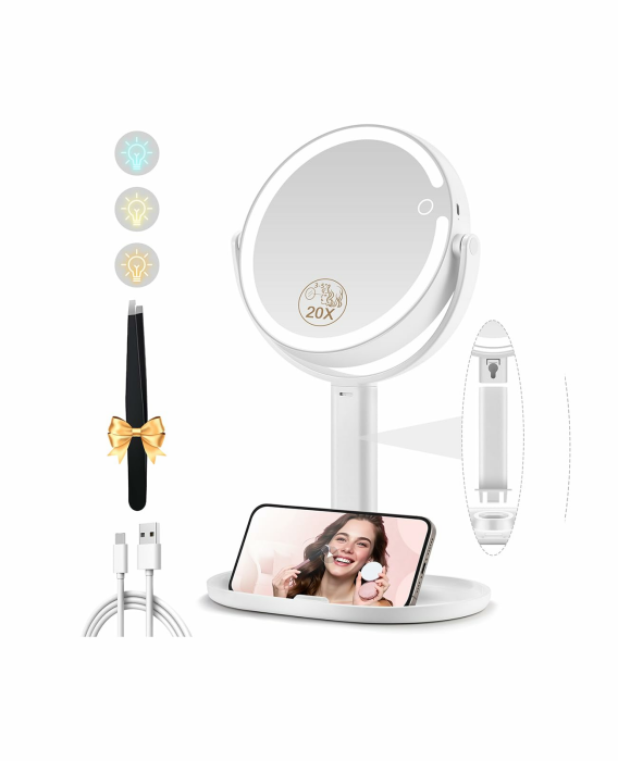 Kosmetikspiegel mit Beleuchtung, Vergrößerungsspiegel mit Licht 20fach, Kosmetikspiegel mit Vergrößerung 8", Doppelseitig 3 Farben 64 Led, Schminkspiegel mit Beleuchtung Rund 360° Drehbar Weiß-20x-schreibtisch Angebot bei HelloDeals