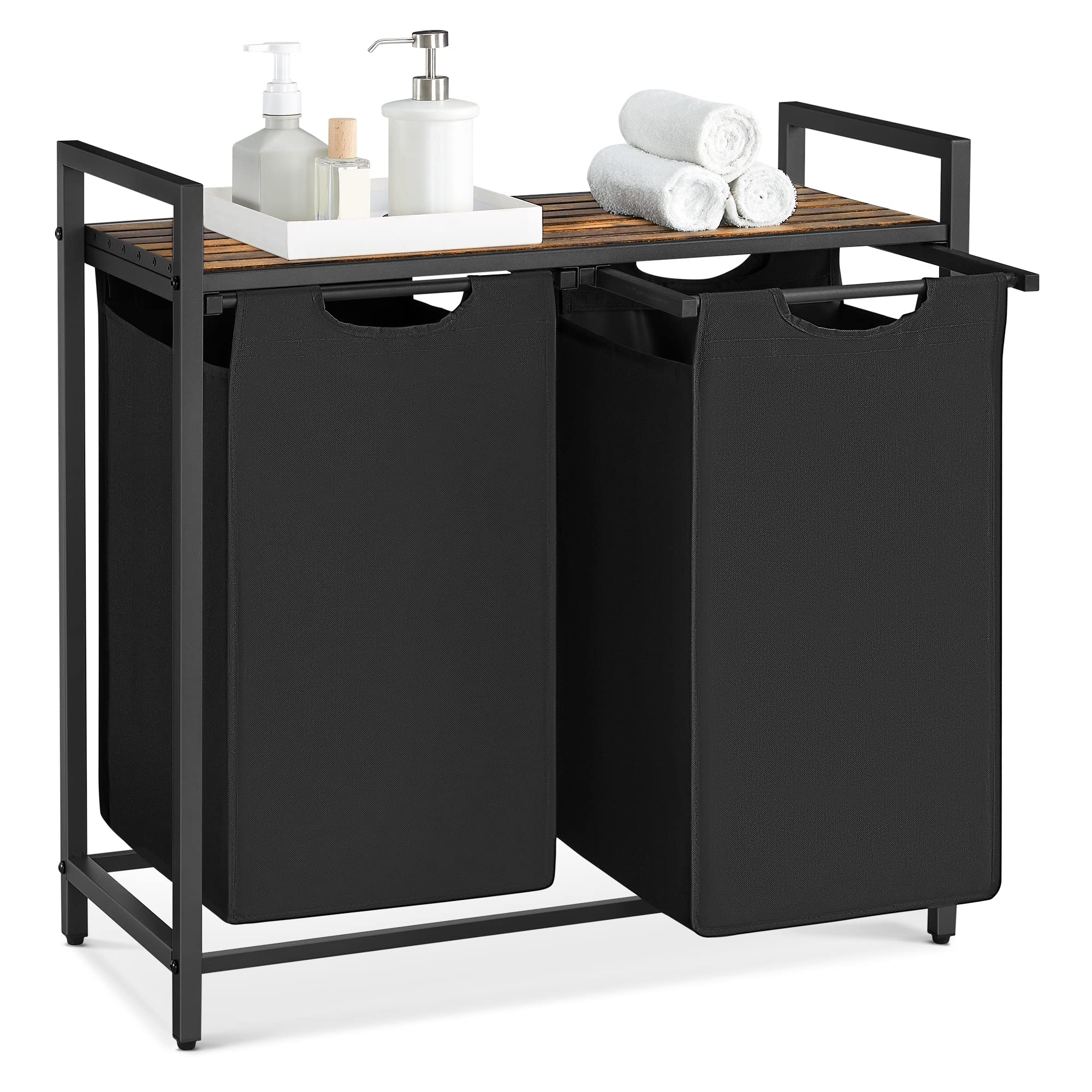 VASAGLE Wäschekorb 2 Fächer, Wäschesammler mit Ablage, Wäschebox, Wäschesack aus Oxford-Gewebe abnehmbar, Metallrahmen, 2 x 46 L, 73 x 33 x 72 cm, tintenschwarz-vintagebraun BLH201B01 Tintenschwarz + Vintagebraun 92 L (2 Fächer) Angebot bei HelloDeals