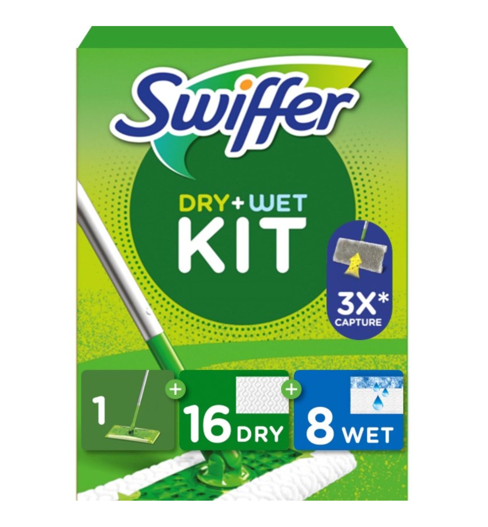 Swiffer Bodenwischer Dry & Wet Starter-Set, 1 Stab, 16 Trockene, 8 Feuchte Bodentücher, Für Eine Schnelle & Einfache Reinigung von Hartböden Stab + 16 Dry + 8 Wet Angebot bei HelloDeals