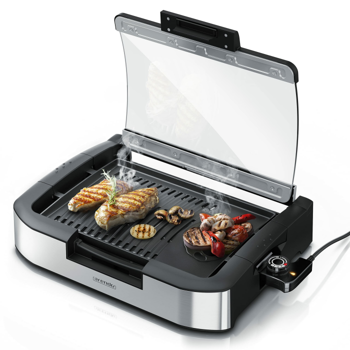 Arendo - Gourmet Tischgrill Elektrogrill Edelstahl - 1800 W - mit Glasabdeckung - für Balkon Garten Indoor - Antihaftbeschichtung - Temperaturregelung mit 5 Stufen - GS-zertifiziert - BPA-frei Typ 1 Angebot bei HelloDeals