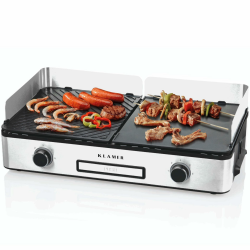 KLAMER Elektrogrill, antihaftbeschichtete und abnehmbare Duo-Platten, separate Temperatureinstellung, 5 Grillstufen, mit Wind-/ Spritzschutz & Auffangschale Angebot bei HelloDeals