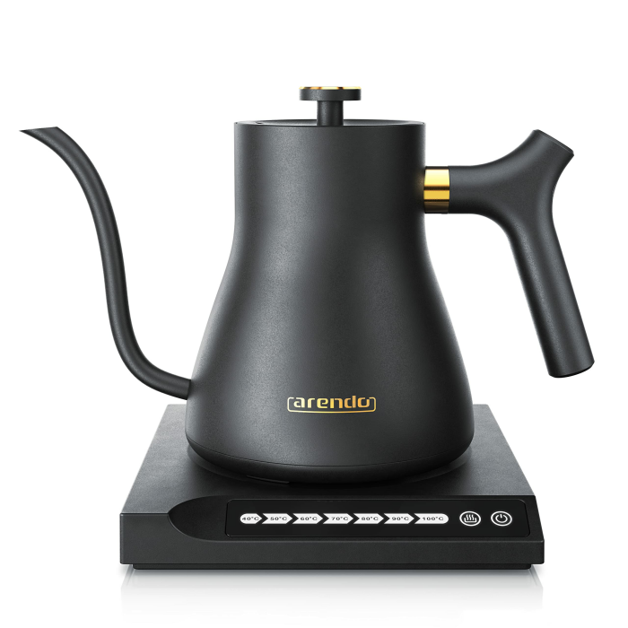 Arendo - Edelstahl Wasserkocher Schwanenhals mit Temperatureinstellung - 40° bis 100° - Warmhaltefunktion 30 Minuten – 0,5 Liter – Sensortasten – 360° Basis - Retro Design - Schwarz Angebot bei HelloDeals
