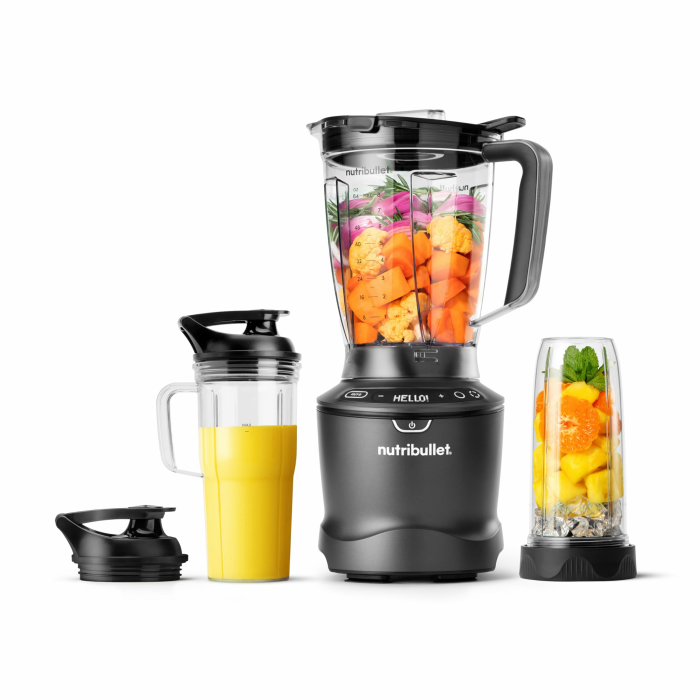 nutribullet SmartSense Mixer Combo NBF550DG, Standmixer mit 5 Geschwindigkeiten und Puls-Funktion, 1.9L Mixbehälter, 700 und 900mL Becher mit Griff, Automatischer Zyklus, To-Go-Deckel, 1500W, Schwarz 1500W + SmartSense Angebot bei HelloDeals