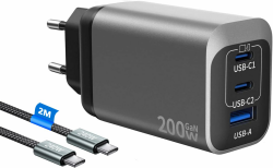 USB C Ladegerät 200W, Laptop Schnellladegerät mit 2M SchnellLadekabel, GaN 3-Port Mehrfach Netzteil Laptop USB Charger Power Adapte kompatibel mit MacBook Pro 16/15/14/13 Zoll/iPhone 16 Pro Max/16/15 Angebot bei HelloDeals