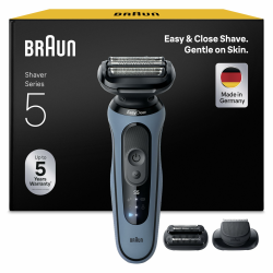Braun Series 5 Elektrorasierer Herren, Rasierapparat mit 50 Min. Akkulaufzeit, +2 Aufsätze, Kabelloser Nass- und Trockenrasierer für Männer, Made in Germany, Wasserdicht, 52-A1820si, Azurblau mit Barttrimmer und Aufsatz Angebot bei HelloDeals