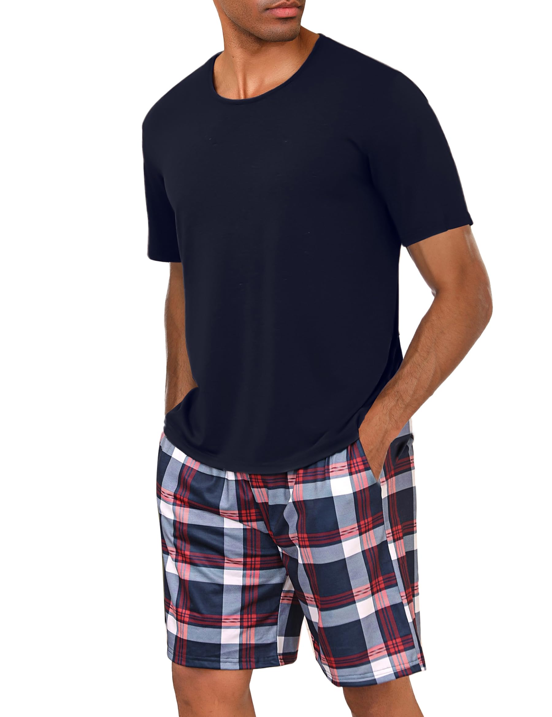 Uniexcosm Schlafanzug Herren Baumwolle Kurz Zweiteiliger Pyjama Set Nachtwäsche Kurzarm Oberteil und Karierte Schlafanzughose Hausanzug Sleepwear A:dunkelblau XL Angebot bei HelloDeals