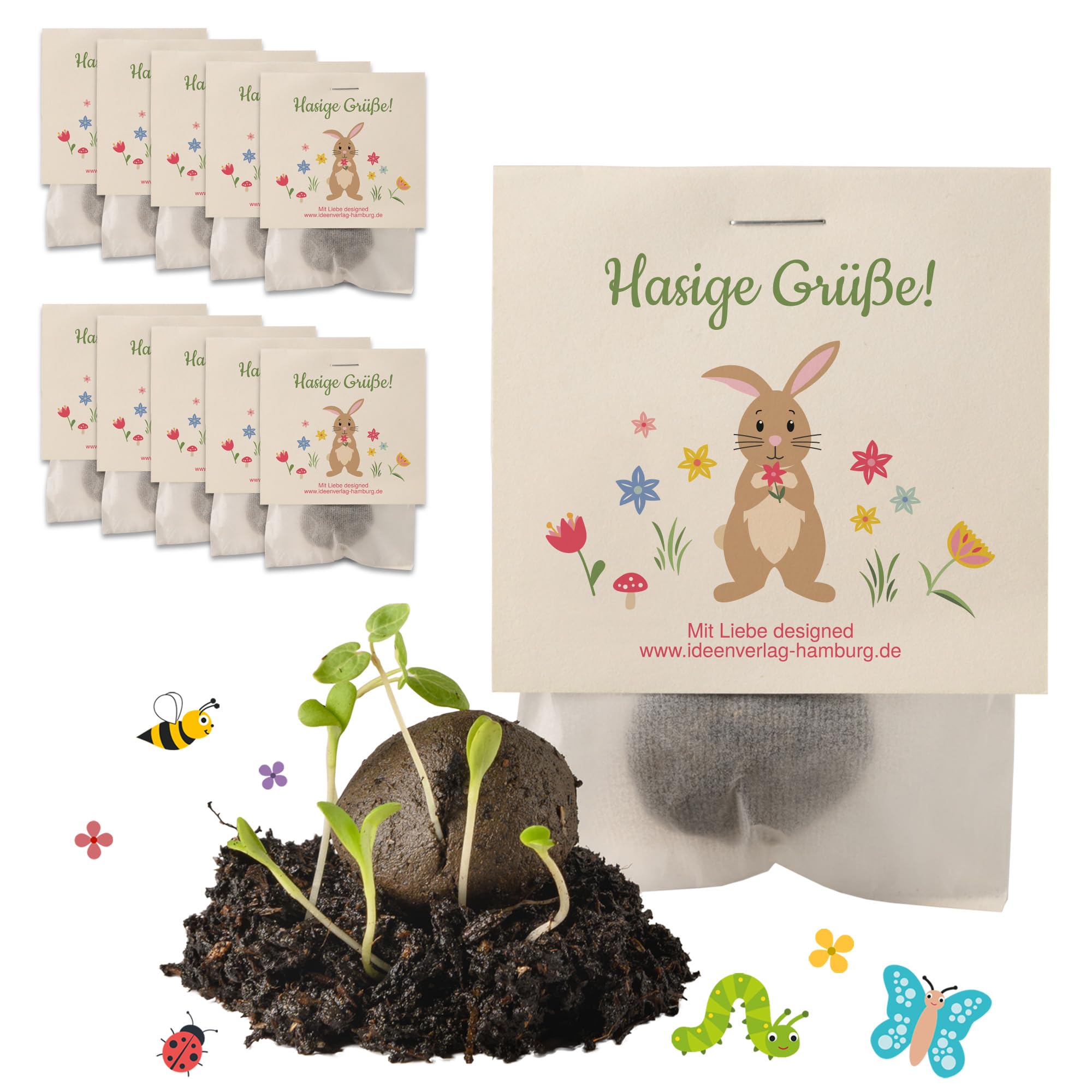 10x "Hasige Grüße" Samenbomben als Mitgebsel Ostern Geschenke | Blumensamen Tütchen als Osternest Füllung & kleine Ostergeschenke Erwachsene | Mitbringsel Osterüberraschung | Frohe Ostern Angebot bei HelloDeals