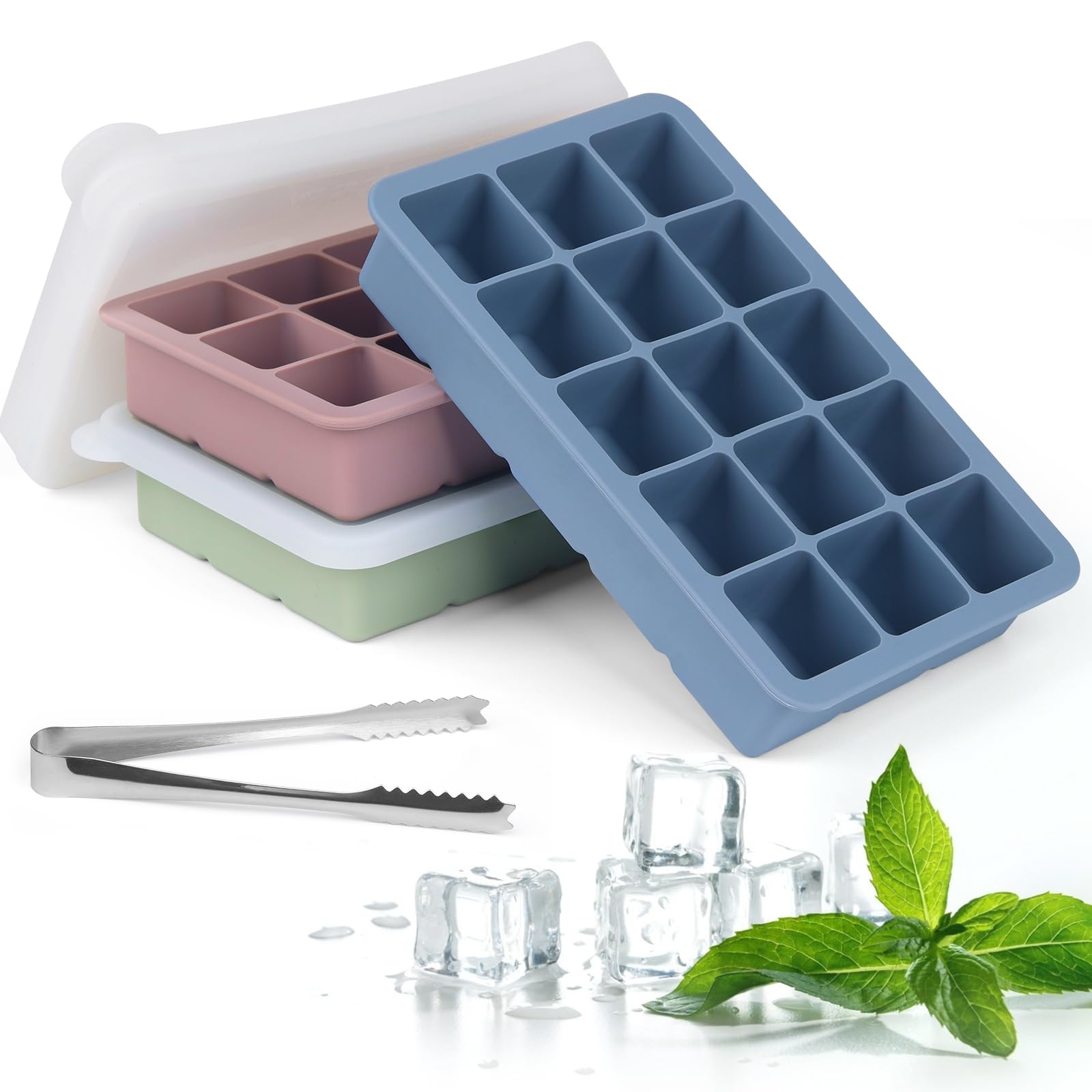 Eiswürfelform Silikon Eiswürfelbehälter mit Deckel, 3 Stück 45 Fach Quadratische Eiswürfel 3.5cm, Ice Cube Tray für Whisky, Cocktails（Blau+Rosa+Grün） Angebot bei HelloDeals