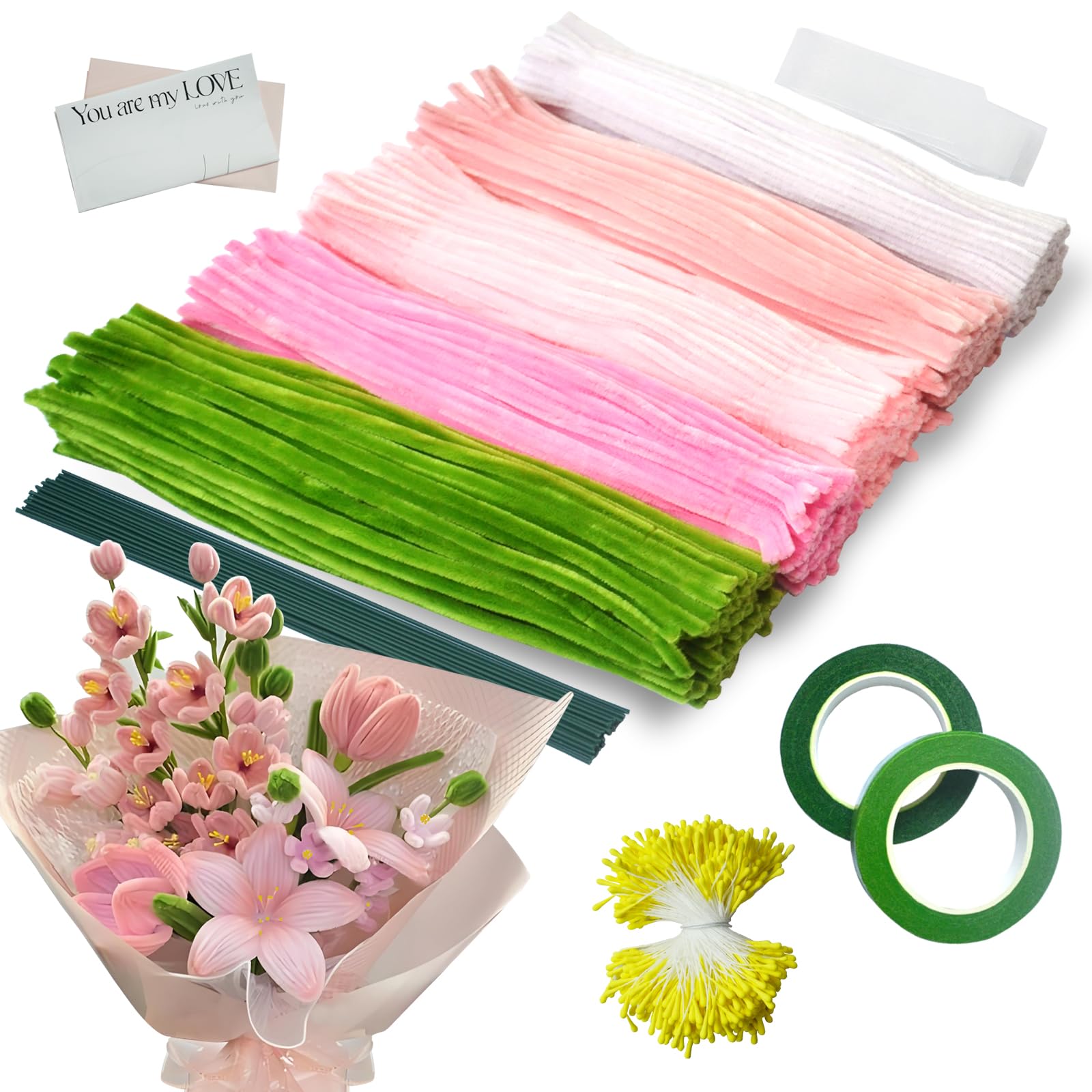 500 Stück Pfeifenreiniger Blumen Set, 5 Farben Pfeifenputzer zum Basteln für DIY, mit Schleifenband, Klebeband, Staubblätter, Blumendraht, Blumenpapier, Anleitung zum Blumenbasteln(Rosa Grün) Angebot bei HelloDeals