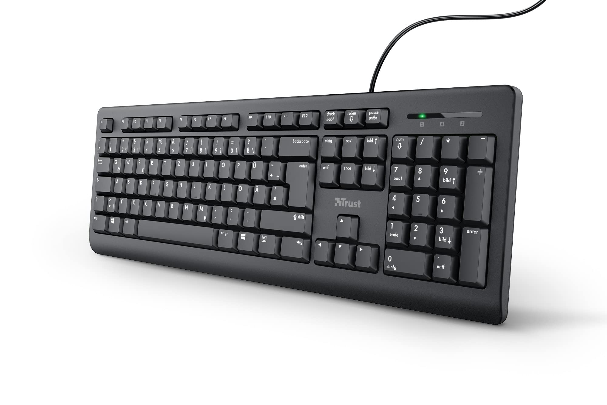 Trust Taro Kabelgebundene Tastatur, Deutsches QWERTZ Layout, Leise Tasten, Spritzwassergeschützt, USB-Anschluss, 1.8 m Kabellänge, PC Tastatur für Computer, Laptop, Mac, Windows, macOS – Schwarz Standard Angebot bei HelloDeals