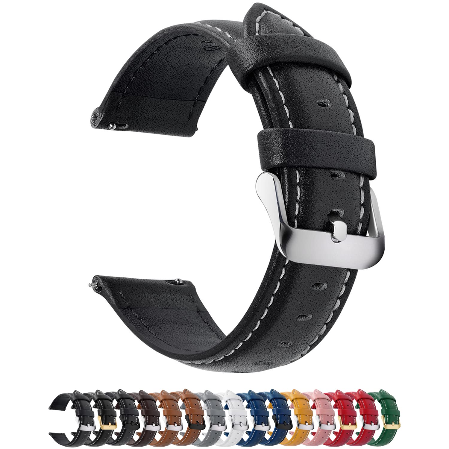 Fullmosa 12 Farben Uhrenarmband,14/16/18/19/20/22/24mm Vintage Lederarmband Ersatzrmbänder für Smartwatch und Universal-Uhr mit Edelstahl Schließe für Herren,20mm Uhrband Schwarz 20MM Schwarz+silber Schnalle Angebot bei HelloDeals