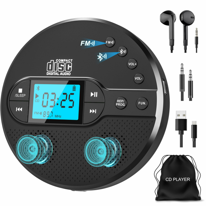 NEU 2025 Bluetooth CD Player Tragbar, Greadio Discman CD Player mit 2000mAh Wiederaufladbarer, Kompatibler FM-Transmitter, USB, AUX-Ausgang, CD Spieler mit Kopfhörer und Anti-Skip/Stoßfest schwarz Angebot bei HelloDeals