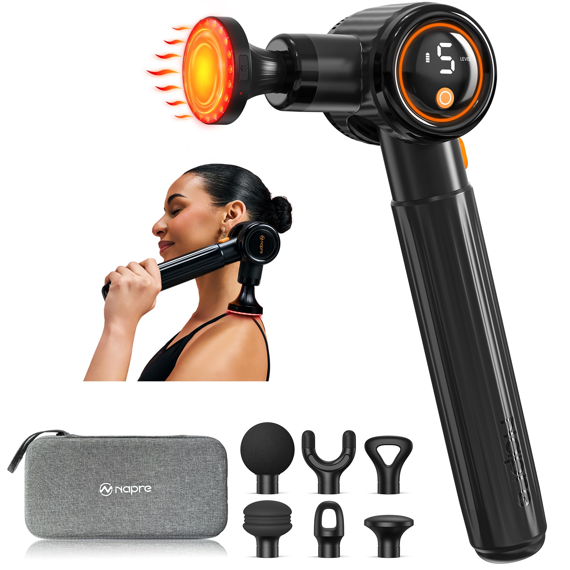 Massagepistole mit Wärmefunktion und Rotlichttherapie,Napre Massage Gun Massage Pistole mit Verlängerungs Griff und 3 Einstellbaren Winkeln,Muskel Percussion Massagegerät für Rücken/Nacke Entspannung Black With Heat Angebot bei HelloDeals