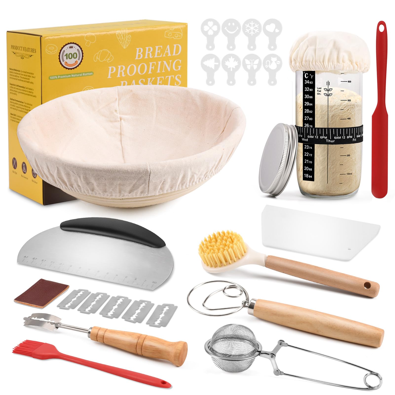 Sauerteig Starter Set, 11-teilig Gärkorb Brot, Gärkörbchen Rund 23cm, Komplettset Brot Backen Zubehör, Brotbacken Startver Set Großes Geschenk für Anfänger, Erfahrener Bäcker Rundes Geschenkset Angebot bei HelloDeals