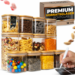 Vorratsgläser mit Deckel, Eckig - 12er Set - 4x 880ml + 8x 380ml, Erhöhte Glasstärke, Vorratsdosen mit Deckel luftdicht, Aufbewahrungsbox Küche für alle Lebensmittel, Küchen Organizer 12er - Eckig Angebot bei HelloDeals