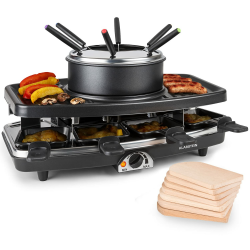 Klarstein 3-in-1 Raclette Fondue Kombi und Grill, 1100W - Set mit Steinplatte, Elektrischer Grill für 8 Personen mit 8 Pfännchen & Fonduegabeln, Raclette-Gerät mit Pfännchenuntersetzer Schwarz Angebot bei HelloDeals