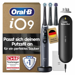 Oral-B iO Series 9 Elektrische Zahnbürste — Electric Toothbrush, Inkl. 3 Aufsteckbürsten — 7 Modi für Zahnpflege, CHIP Testsieger (11/25), Designed by Braun, Schwarz Black Onyx + Etui schwarz + Tasche weiß 1 Bürste + 3 Köpfe Angebot bei HelloDeals