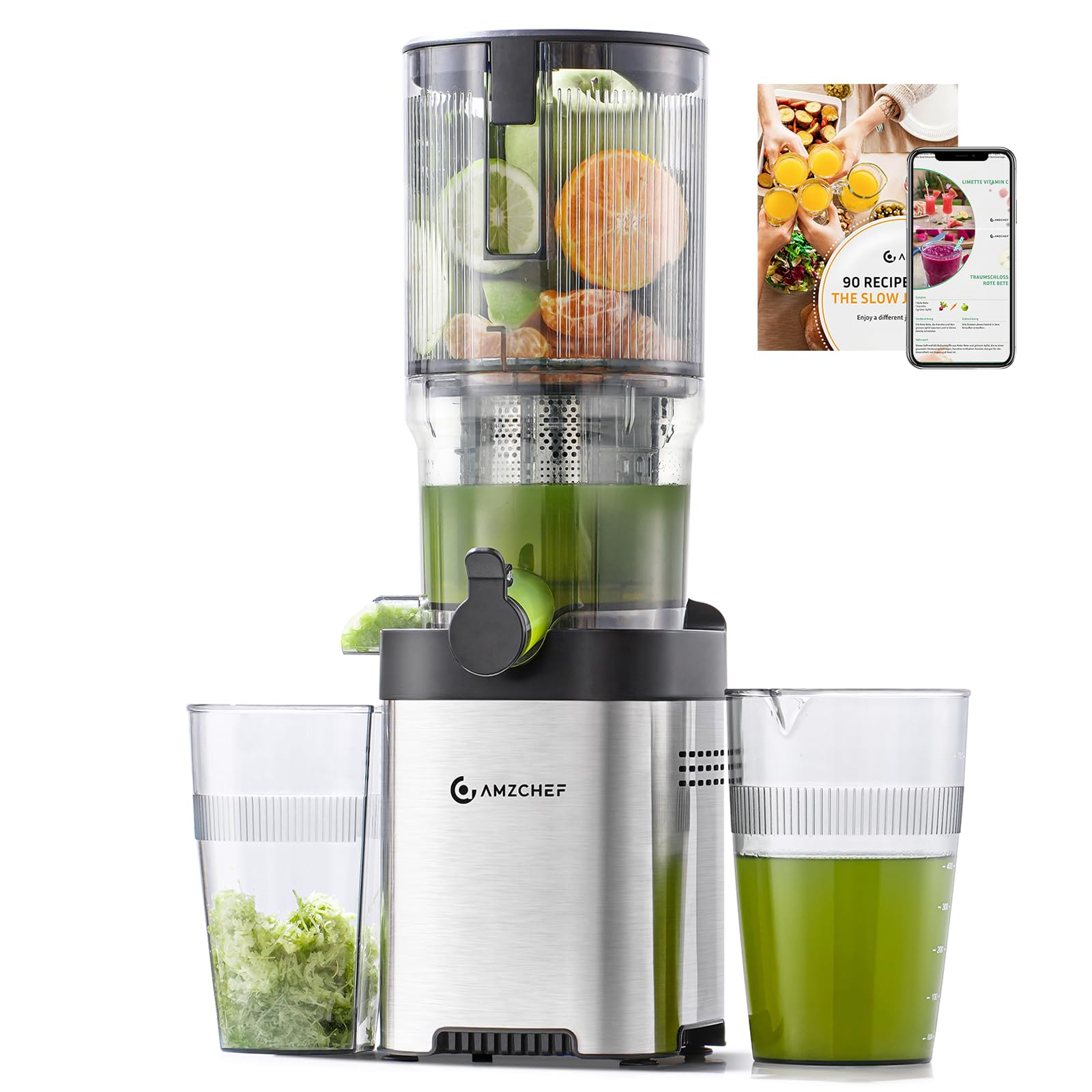 AMZCHEF Entsafter Slow Juicer 136mm – Saftpresse Elektrisch für Gemüse & Obst – Cold Press Juicer mit 2 Filtern – Leise & Leicht zu Reinigen - Silber 136MM Silbrig Angebot bei HelloDeals