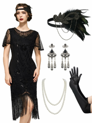 SWEETV 20er Jahre Kostüm Damen, Gatsby Kleid Damen mit 20er Jahre Kleid Accessoires, Charleston Flapper outfit Schwarz M Angebot bei HelloDeals