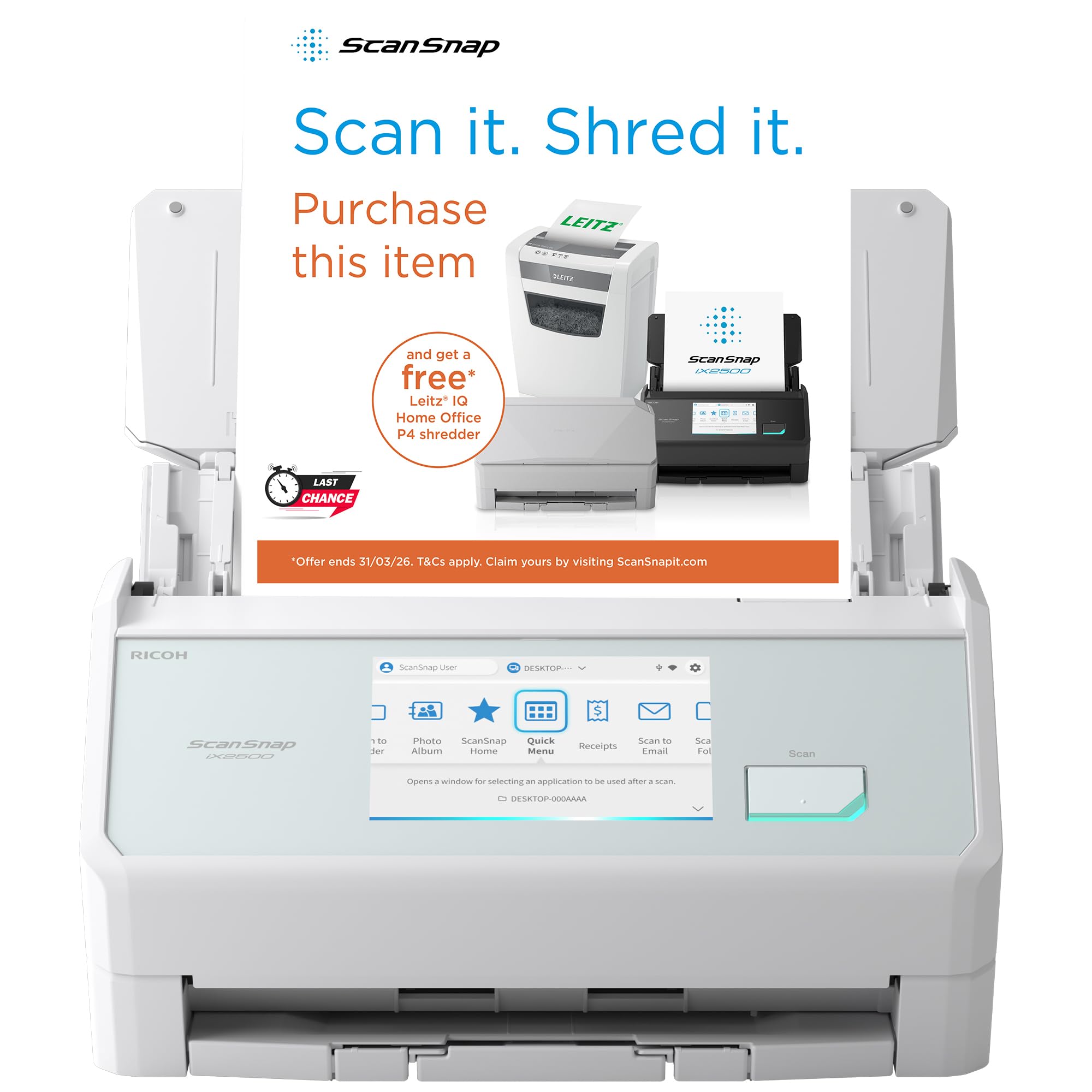 ScanSnap iX2500 Weiß Dokumentenscanner – Ultraschneller Duplex-Scanner mit 45 S./Min., 100-Blatt-ADF, 600DPI, 5″ Touchscreen, WLAN/Bluetooth/USB-Konnektivität Angebot bei HelloDeals