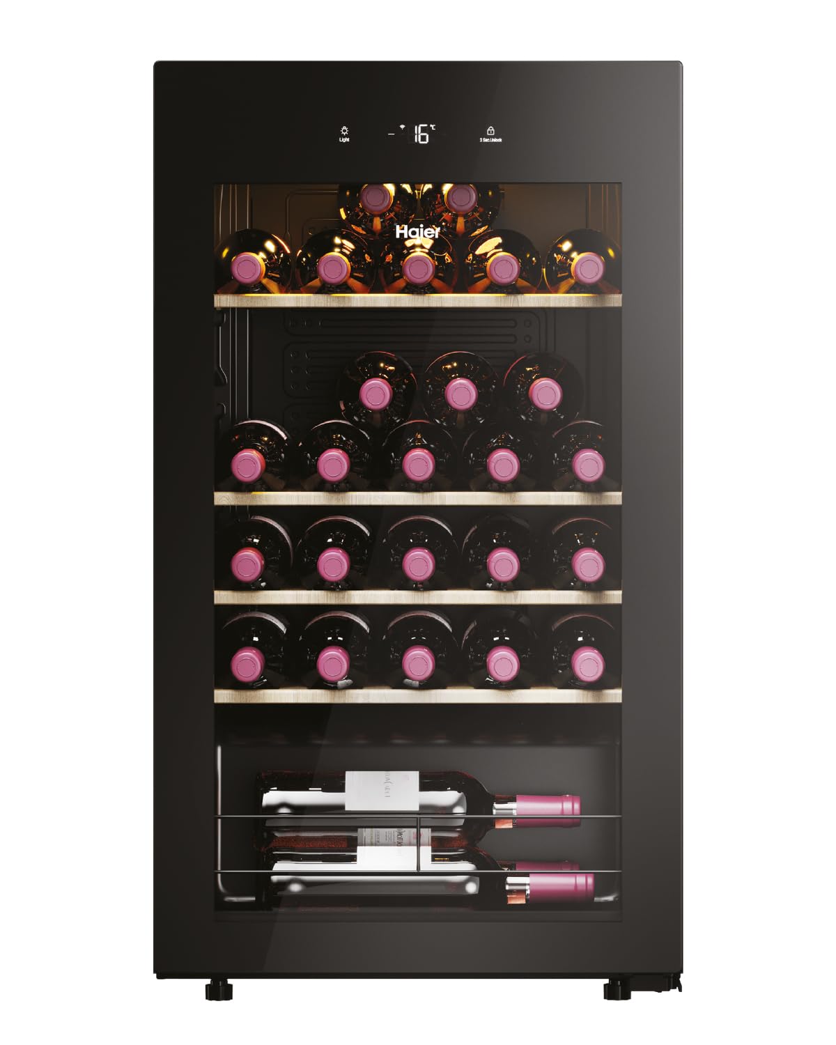 Haier Weinkühlschrank 50 SERIE 3 HWS34GGH1 I Weinklimaschrank für 34 Flaschen I Moderner Wine Fridge mit UV-Glastür & 5 Holzregalen I Wine Cooler mit Wi-Fi & Touch-Display I Vibrationsarme Lagerung 34 Flaschen / 1 Zone Angebot bei HelloDeals