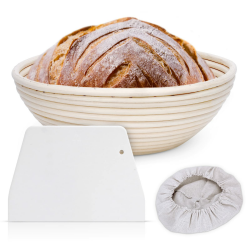 Gärkörbchen Rund, ø 23cm, Höhe 8.5 cm Gärkorb Set Aus Natürlichem Peddigrohr Proofing Basket Brotkörbchen Brotform für Brot Backen Fasst 1000g Teig mit 1 Leineneinsätze, Schaber Gärkörbchen Rund 23cm Angebot bei HelloDeals