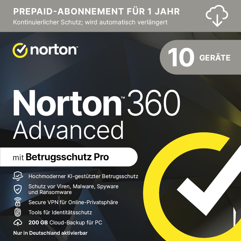 Norton 360 Advanced 2026 |10 Geräte | 1-Jahres-Abonnement mit automatischer Verlängerung | Aktivierungscode per Email per Email (Aktivierungscode) Advanced 1 Jahr Automatische Verlängerung Angebot bei HelloDeals
